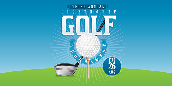 Lighthouse Golf Tournament graphic with golf ball and golf club