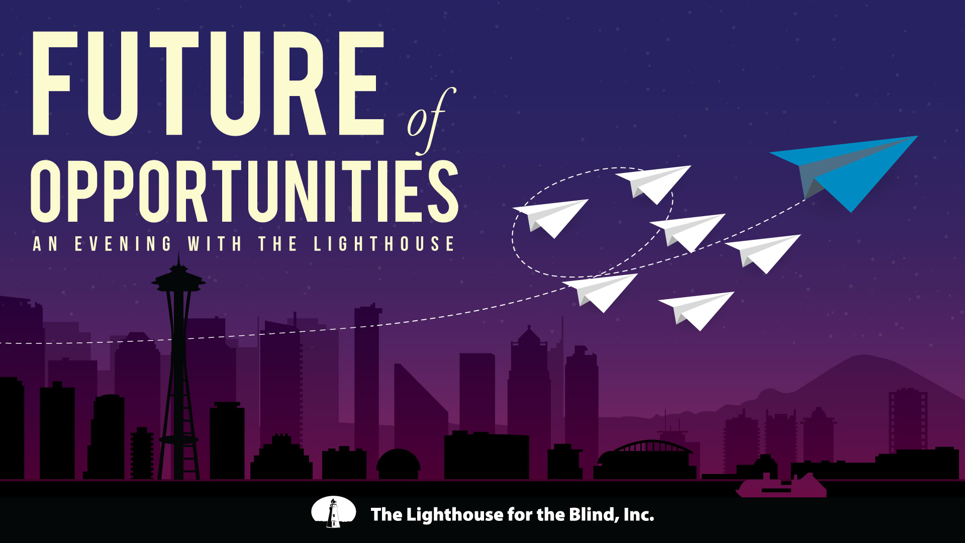 Future of Opportunities graphic with Seattle skyline at night and flying paper airplanes
